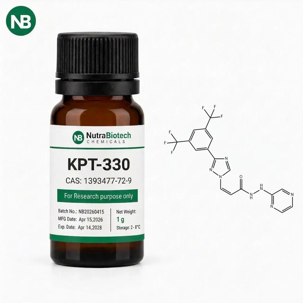 Nutrabiotech Selinexor (KPT-330) 98% 1G Powder, High-Purity Selective Nuclear Export Inhibitor (SINE) Targeting XPO1 for Tumor Suppression & Cancer Research Nutrabiotech Selinexor 98% 1G Powder, high purity Selinexor KPT-330 powder, selective XPO1 inhibitor, SINE nuclear export blocker, tumor suppressor activator, oncology research raw material